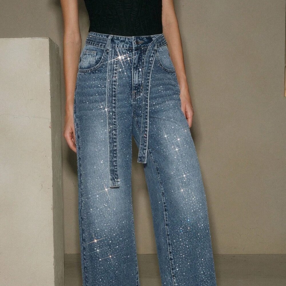 Blue Party Women's Rhinestone Straight Leg Baggy Denim Jeans - Picture 4 of 7